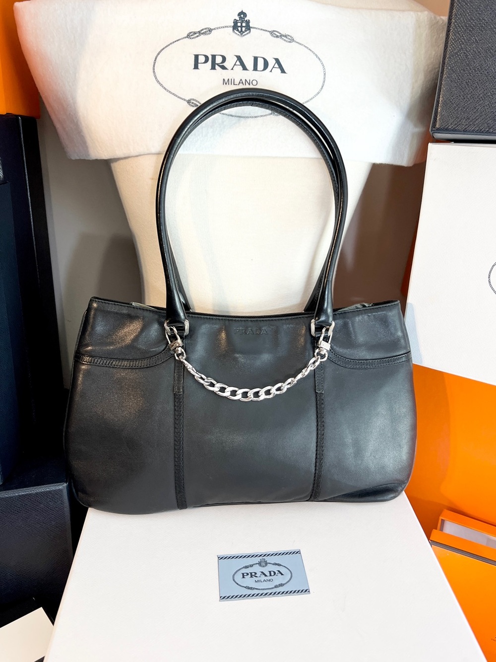 Prada🌟Black Smooth Leather and silver hardware Shoulder Bag! Offers welcome! - Picture 10 of 16